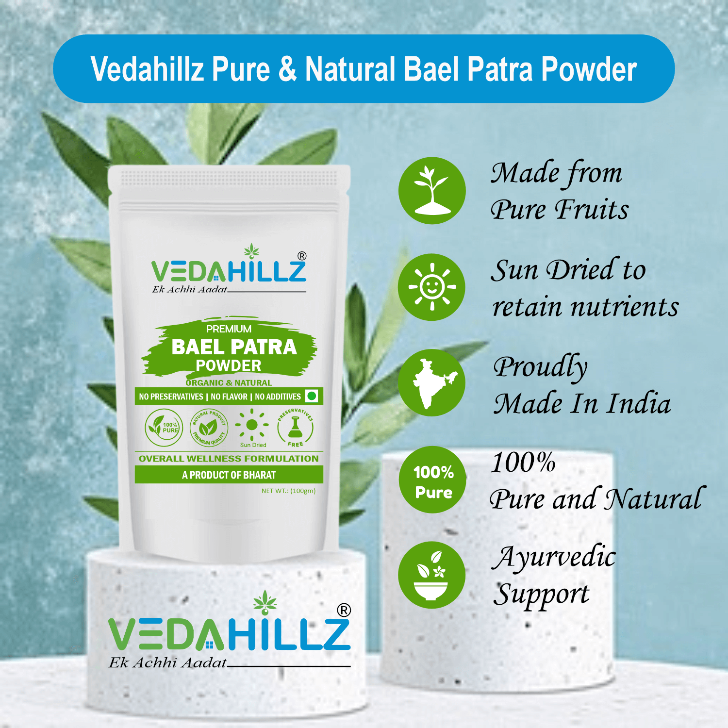 Vedahillz Beal Patra Powder for Natural Wellness and Immunity Made from Selected Bael Leaves